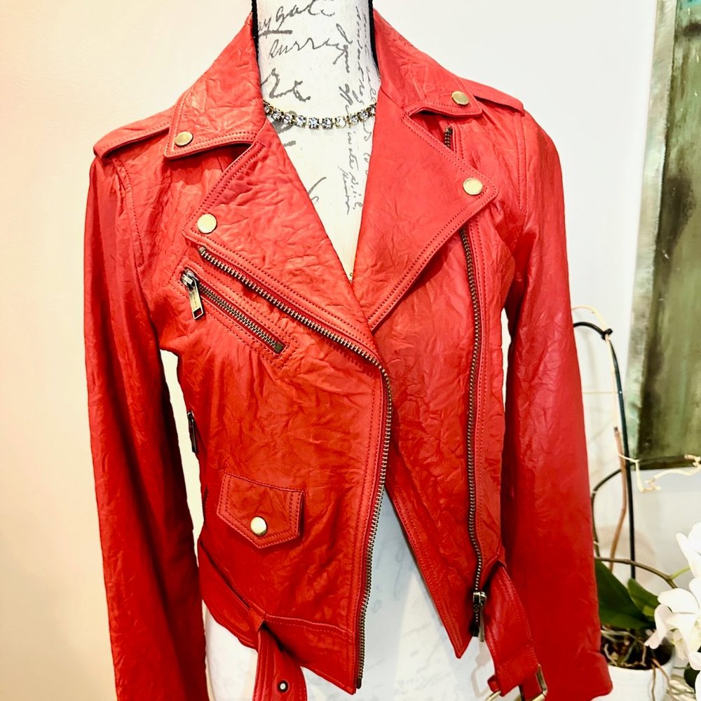 Michael Kors Red Leather Moto Jacket Size XS